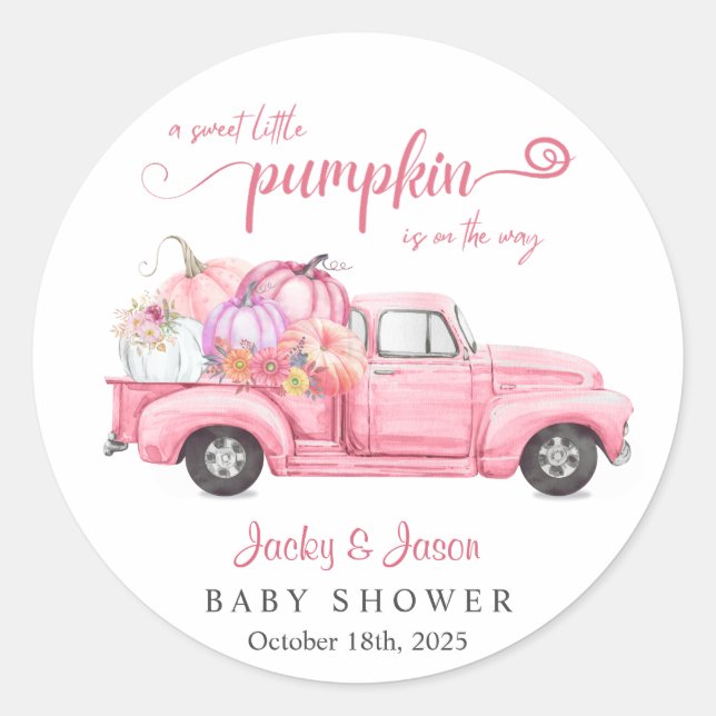 Sweet Little Pumpkin Pink Girl Baby Dusche Runder Aufkleber (Vorderseite)
