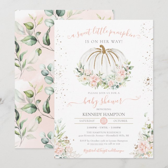 Sweet Little Pumpkin, Pink Herbst Kinderdusche Einladung (Vorne/Hinten)