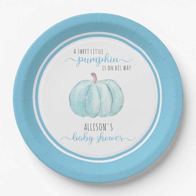Sweet Little Pumpkin Watercolor Blue Baby Dusche Pappteller (Vorderseite)
