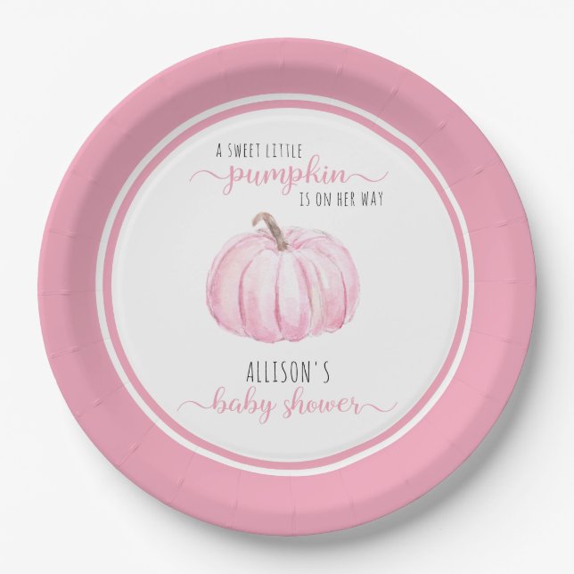 Sweet Little Pumpkin Watercolor Pink Baby Dusche Pappteller (Vorderseite)