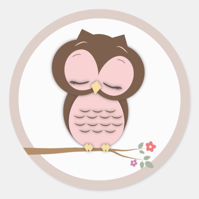 Sweet Little Sleepy Girl Owl on a Branch Runder Aufkleber (Vorderseite)