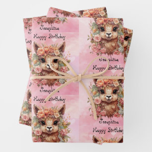 Sweet Llama Birthday Girl Add Name Alpaca 3 Niedli Geschenkpapier Set