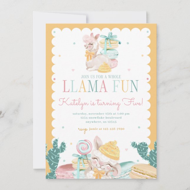 Sweet Llama Pastel zum Geburtstag Einladung mit Ka (Vorderseite)