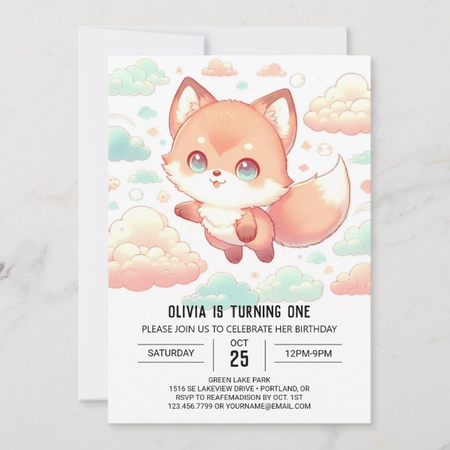 Sweet Majestic Fox 1. Geburtstag Einladung (Vorderseite)