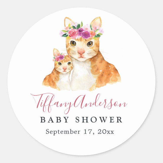 Sweet Mama und Baby Cat Floral Baby Showaufkleber Runder Aufkleber (Vorderseite)