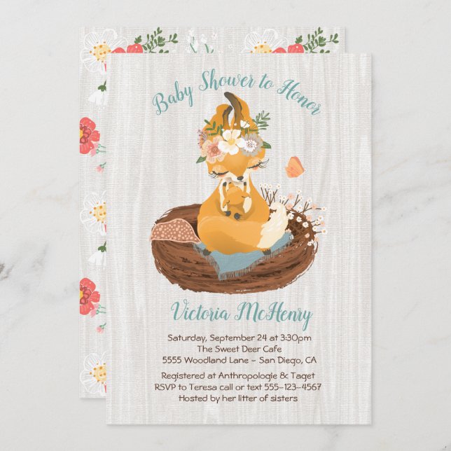 Sweet mamma fox & baby fox Baby Dusche Einladungen (Vorne/Hinten)