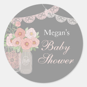 Sweet Mason Jar Pink Gray Baby Shower Stickers