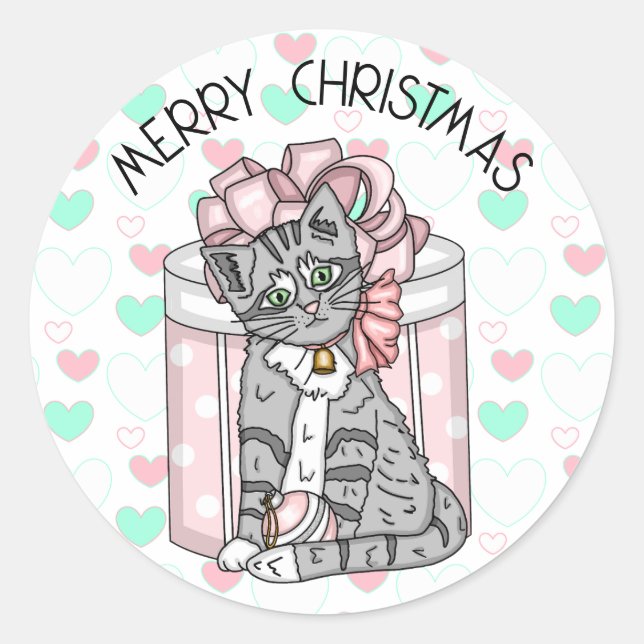 Sweet Merry Christmas Gray Kitten Pink Presents Runder Aufkleber (Vorderseite)