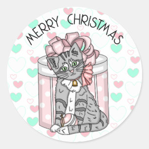 Sweet Merry Christmas Gray Kitten Pink Presents Runder Aufkleber