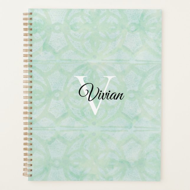 Sweet Mint Green Batik Elegante Monogram Name Planer (Vorderseite)