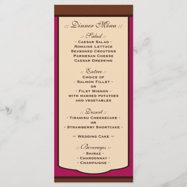 Sweet Mocha & Fuchsia Wedding Reception Menus Menükarte (Vorderseite)
