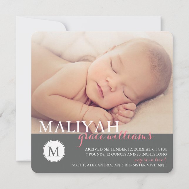 Sweet Monogram Birth Announcement / Rose Dots Ankündigung (Vorderseite)