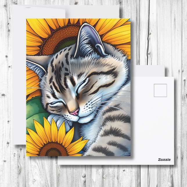 Sweet Napping Graue Katze und Sonnenblumen Postkarte (Von Creator hochgeladen)