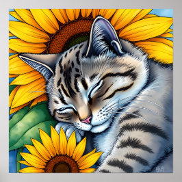 Sweet Napping Gray Cat and Sunflower Poster