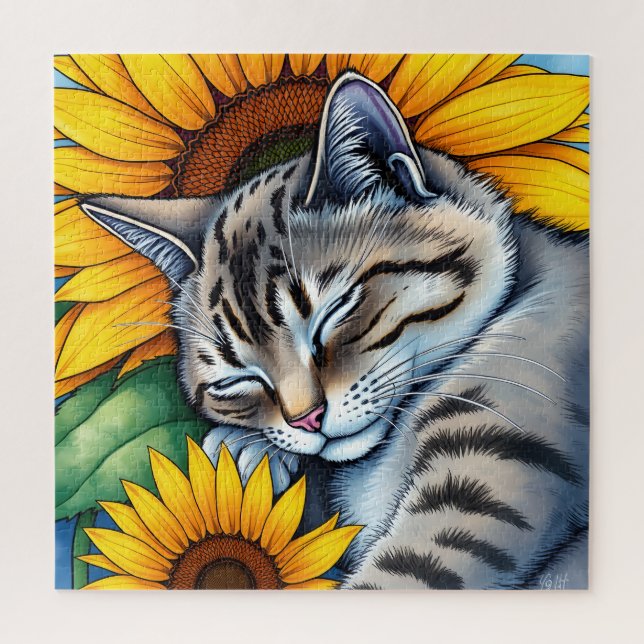 Sweet Napping Gray Cat and Sunflower Puzzle (Vertikal)