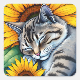 Sweet Napping Gray Cat and Sunflower Quadratischer Aufkleber