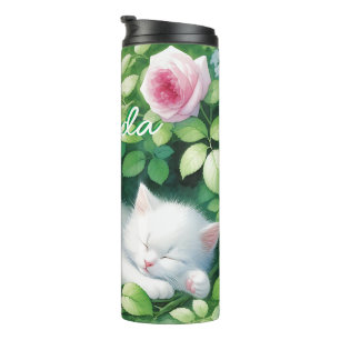 Sweet Napping White Kitten unter der Rose Bush Thermosbecher