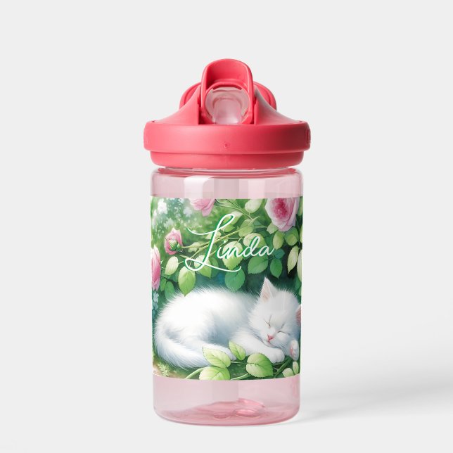 Sweet Napping White Kitten unter der Rose Bush Trinkflasche (Vorne)