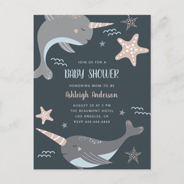 Sweet Narwhal Nautical Themed Baby Dusche Einladungspostkarte (Vorderseite)