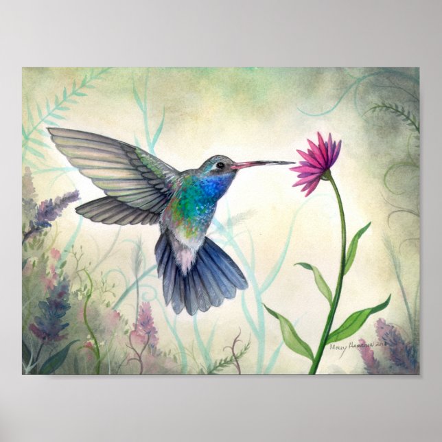 Sweet Nectar Hummingbird und Blume Wasserfarbe Poster (Vorne)