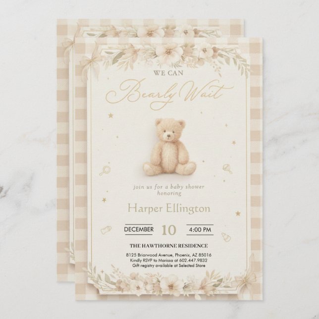 Sweet Neutral Teddy Bear Baby Shower Invite Einladung (Vorne/Hinten)