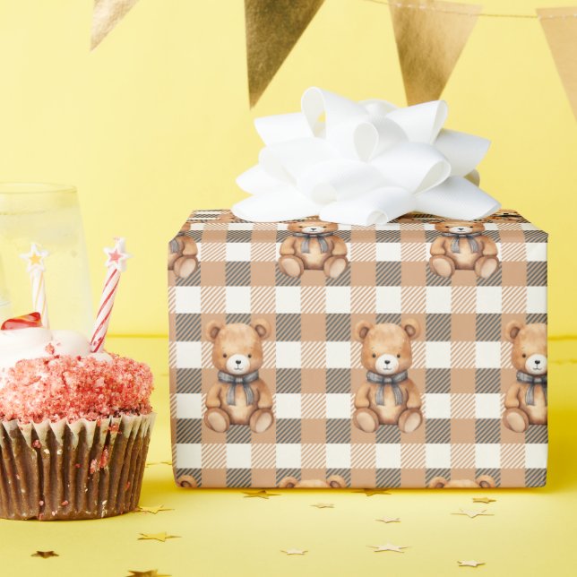 Sweet Neutral Teddy Bear Plaid  Geschenkpapier (Geburtstagsparty)