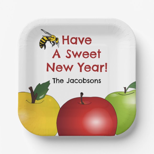 Sweet New Year Apfel und Biene Pappteller (Vorderseite)