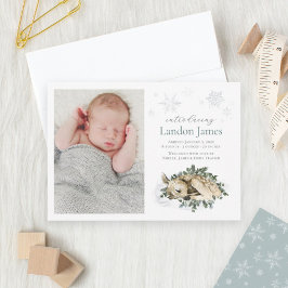 Sweet Newborn Deer Blue Green Baby Boy Foto Birth Ankündigung