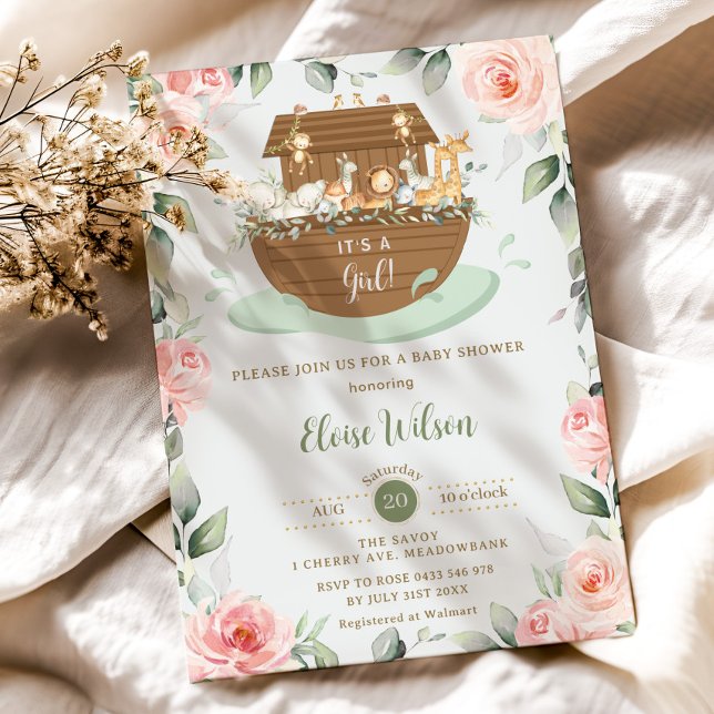 Sweet Noah's Ark Pink Floral Girl Baby Dusche Einladung (zazzle-blush-pink-floral-flowers-greenery-noah's-ark-girl-baby-shower-invitation-card-printed)