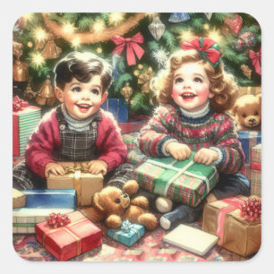 Sweet Nostalgic Children on Christmas Quadratischer Aufkleber