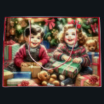 Sweet Nostalgic Children on Christmas to und from Große Geschenktüte<br><div class="desc">Retro Weihnachtsgeschenktaschen. Weihnachtsaufkleber mit Kindern,  die ihr Geschenk vom Weihnachtsmann unter dem Baum fröhlich öffnen. Retro-nostalgische Erinnerungen aus der Mitte des Jahrhunderts mit Vintagen Farbtupfern.</div>