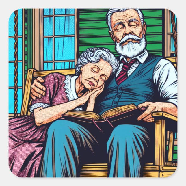 Sweet Old Couple Napping auf der Vorderseite Quadratischer Aufkleber (Vorderseite)