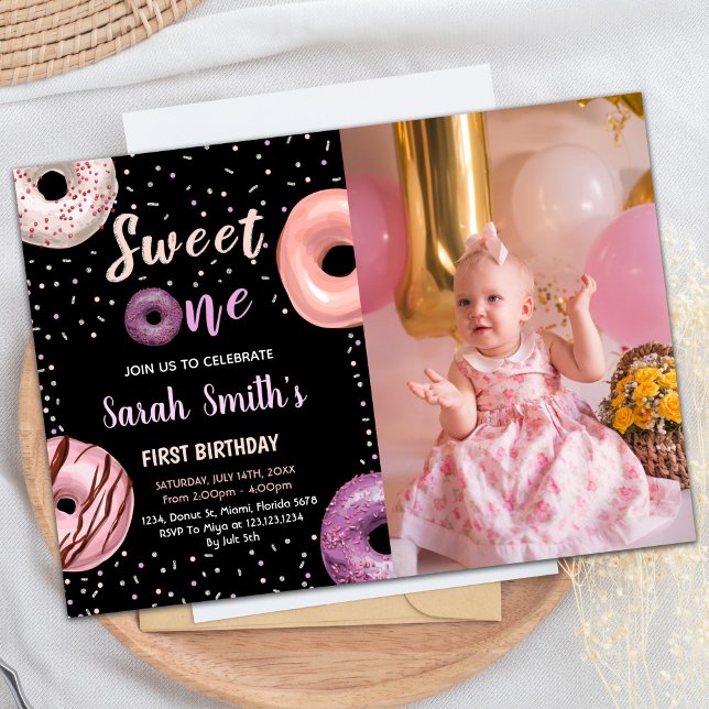 Sweet One Black Foto Donut Birthday Einladungen (Sweet One Black Photo Donut Birthday Invitations)