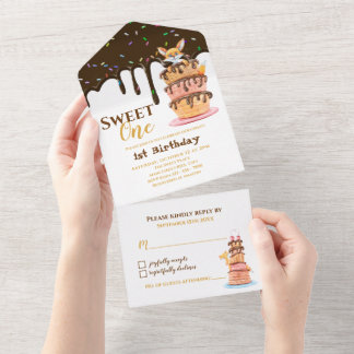 Sweet One Cat and Drilling Chocolate 1s Birthday All In One Einladung