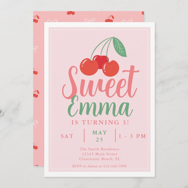 Sweet One Cherry 3. Geburtstag Einladung (Vorne/Hinten)