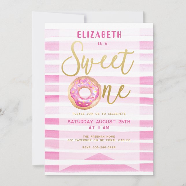 Sweet One Donut Girl Birthday Pink Streifen Einladung (Vorderseite)