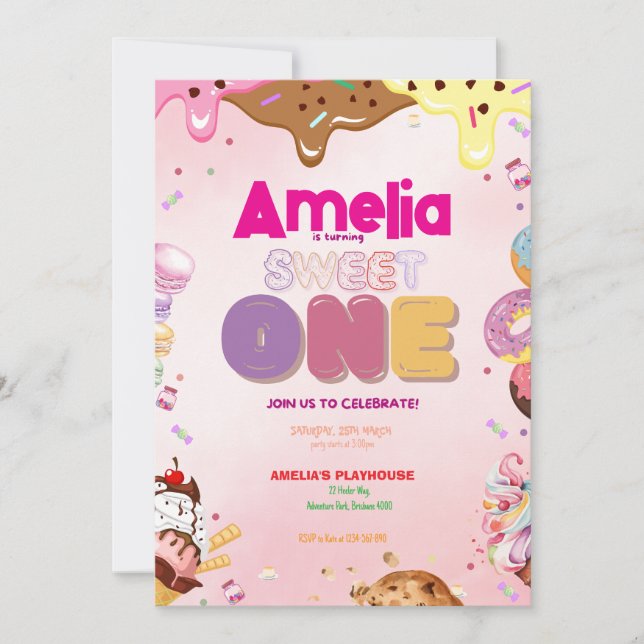 Sweet One First Birthday Einladung | Candy-Themed (Vorderseite)