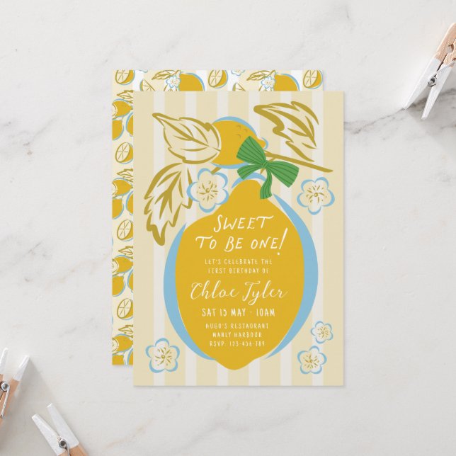 Sweet One First Birthday Invite Boy Lemon 1st Einladung (Vorderseite/Rückseite Beispiel)