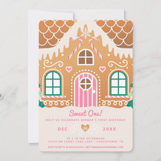 Sweet One First Birthday Pink Gingerbrot Einladung (Vorderseite)