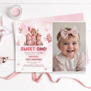 Sweet One First Birthday Pink Gingerbrot Foto Einladung