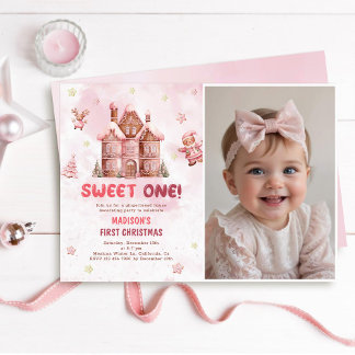 Sweet One First Birthday Pink Gingerbrot Foto Einladung