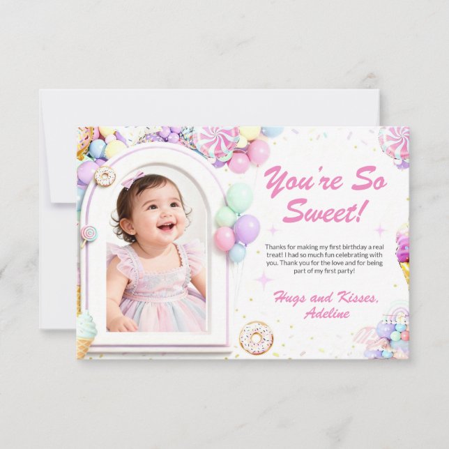 Sweet One First Birthday Thank You Card with photo Dankeskarte (Vorderseite)