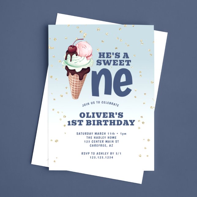 Sweet One Ice Cream Blue 1. Geburtstag Einladung (Von Creator hochgeladen)