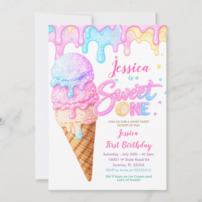 Sweet One Ice Cream Pastel Glitter Birthday  Einladung (Vorderseite)