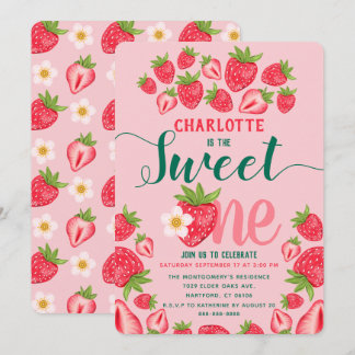 Sweet One Niedlich Pink Strawberry 1. Geburtstag P Einladung