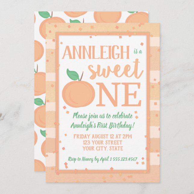 Sweet One Peach Theme Girls Erster Geburtstag Einladung (Vorne/Hinten)