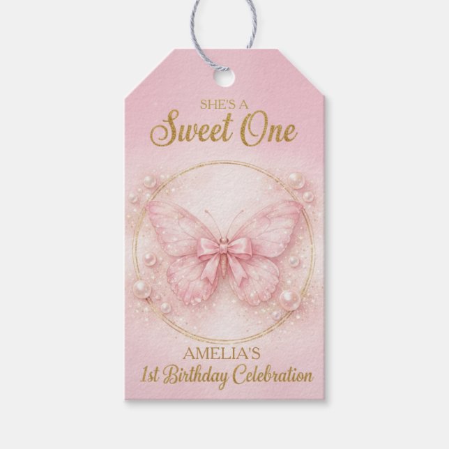 Sweet One Pink Butterfly 1st Birthday Girl  Geschenkanhänger (Vorderseite)