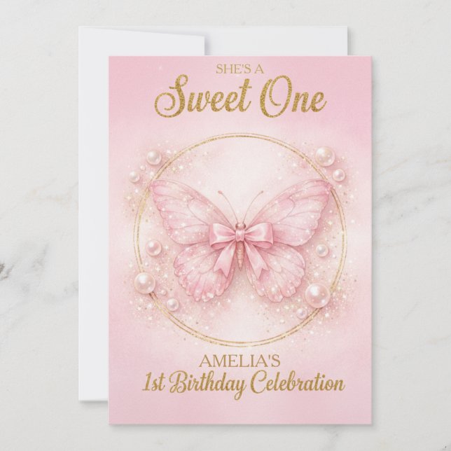 Sweet One Pink Butterfly 1st Birthday Girl Invitat Einladung (Vorderseite)