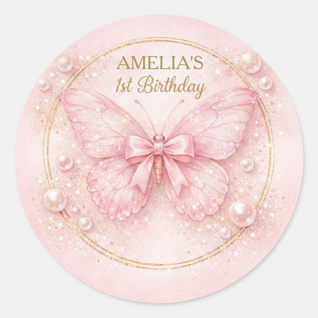 Sweet One Pink Butterfly 1st Birthday Girl Sticker (Vorderseite)