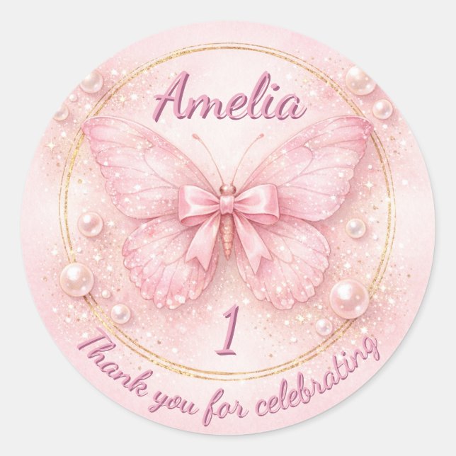 Sweet One Pink Butterfly 1st Birthday Thank You Runder Aufkleber (Vorderseite)